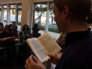 Elmer Renner Hindi and Sanskrit teacher at Copenhagen University reading the book 